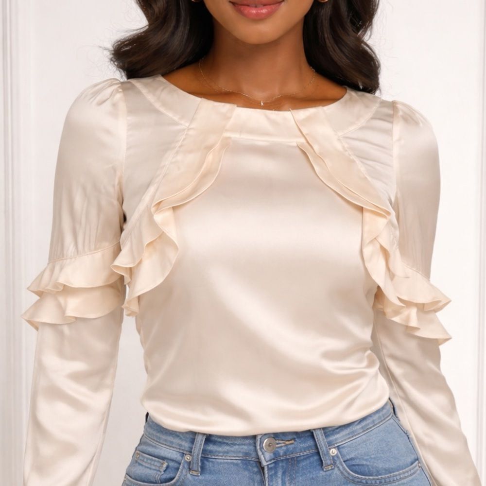 Revolve Reiss Satin Ruffle Flounce Trim Cream Ivory Blouse with zip up back